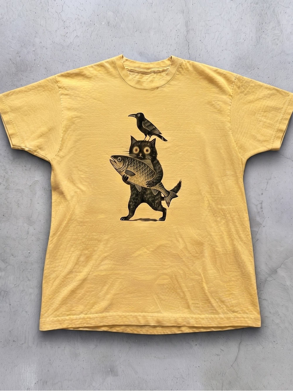 Yellow Graphic Print Gildan T-shirt with Black
Cat, Fish & Bird Print